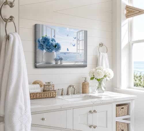 Birnsen Coastal Bathroom Canvas Wall Art Blue Hydrangea Floral Vase Butterfly - Image 6
