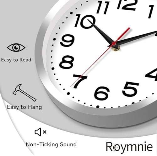 Roymnie 8 Inch Small Wall Clock, Battery Operated Silent Non Ticking Silver - Image 6