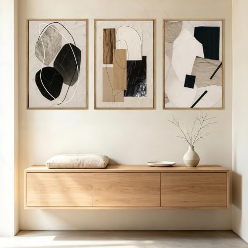 Large Abstract Paintings Framed Neutral Canvas Prints Mid Century Modern Wall - Image 2