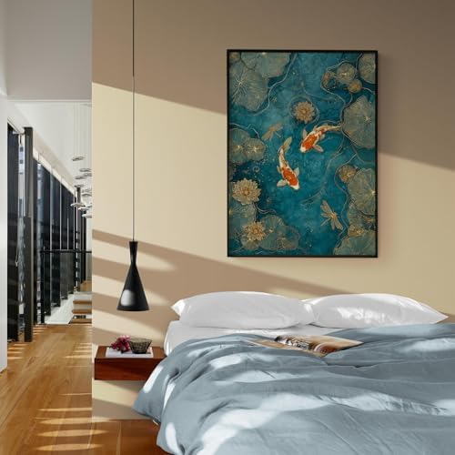 Vintage Japanese Canvas Wall Art Oriental Asian Koi Fish Psoters Emerald Green - Image 5