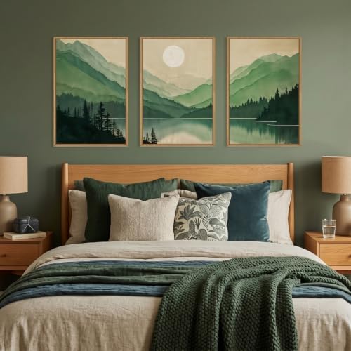 Green Boho Mountain Lake Framed Canvas Wall Art Set-24"x36"x3 - Image 4