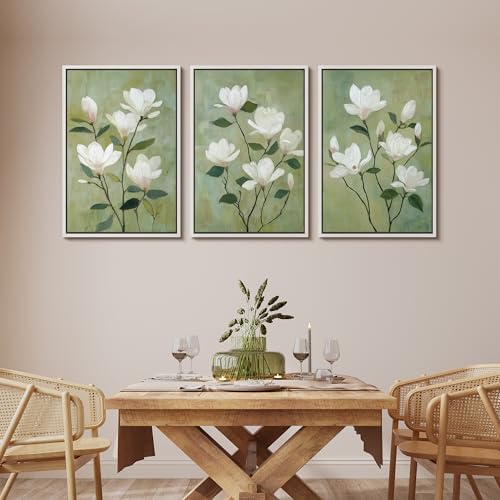 MUDECOR Framed Canvas Print Wall Art White Magnolia Floral Soft Green Botanical - Image 2
