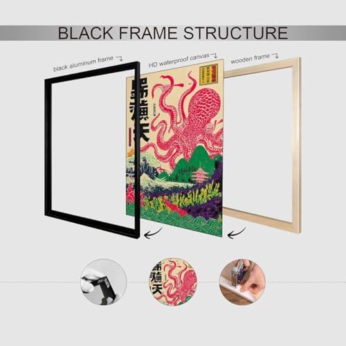 Black Framed Japanese Wall Art Octopus Ocean Theme Canvas Print 12x16in Vintage - Image 3