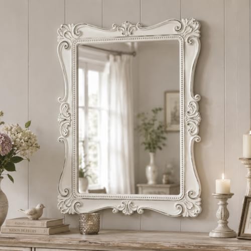Antique White Wall Mirror, Vintage European Ornate Carved Frame by HOME