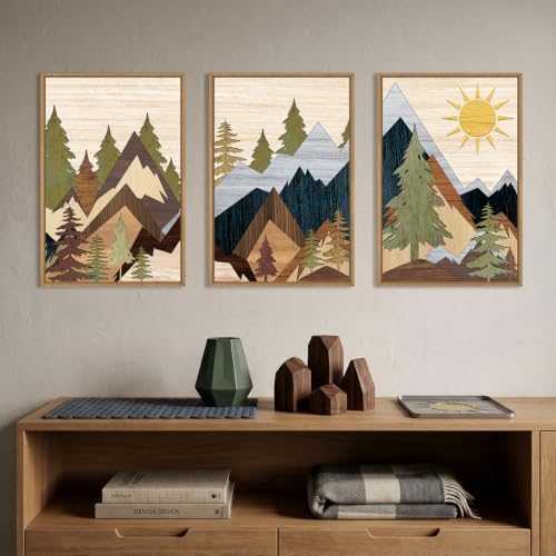 Ausri Boho Mountain Pine Tree Framed Canvas Wall Art Set -16"x24"x3 - Image 3