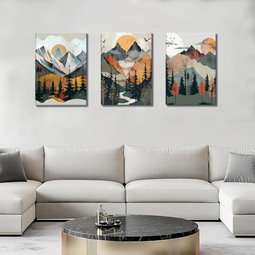 Mountain Canvas Wall Art Set of 3, Boho Sun Forest Abstract Nature Landscape - Image 4