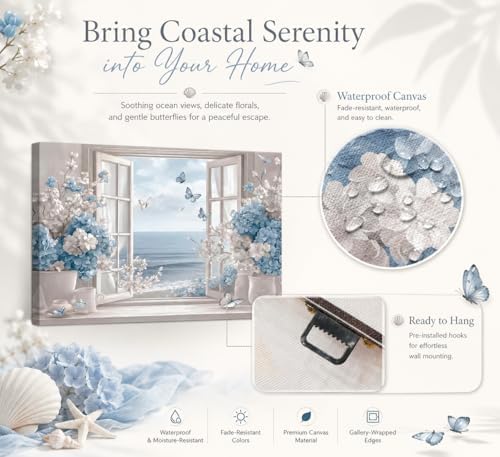 Birnsen Coastal Bathroom Flower Canvas Wall Art Blue Hydrangea Fake Window - Image 5