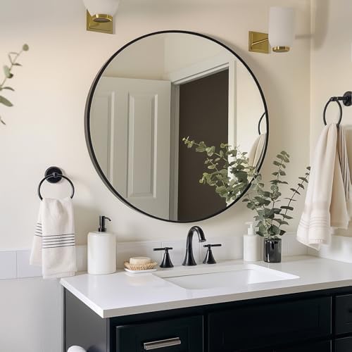 Sunniry Black Round Mirror, Round Mirror 24 inch, Matte Black Metal Frame - Image 3
