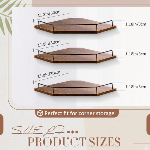 Novabright Corner Floating Shelf Set of 3 Rustic Brown Wood 12 Inches - Image 2