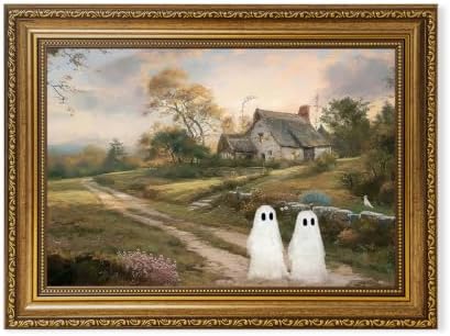 Halloween Vintage Ghost in Countryside Landscape Canvas Wall Art 12x16 in by FramedCanvasWallArt