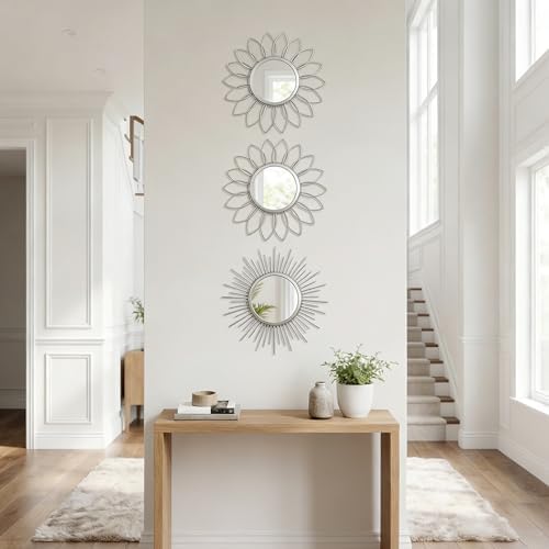 Boho Sunburst Wall Mirror Set of 3, 12 Inch Round Antique & Modern Metal Wall - Image 3