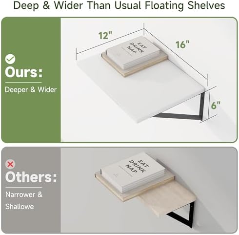 Heimlove 16W x 12D Deep Floating Shelves Set of 4 White - Image 3