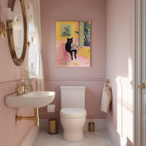 Cyebmo Funny Bathroom Wall Art, Cute Black Cat Sitting on Toilet Reading - Image 5