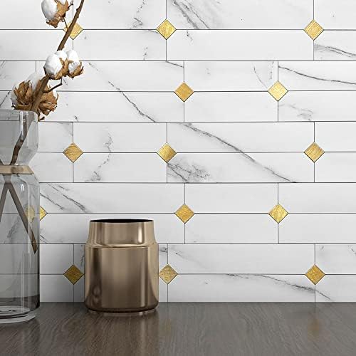 Stone Kitchen Wall Tiles Peel Stick Backsplash White Gold 10pcs by MOFIT