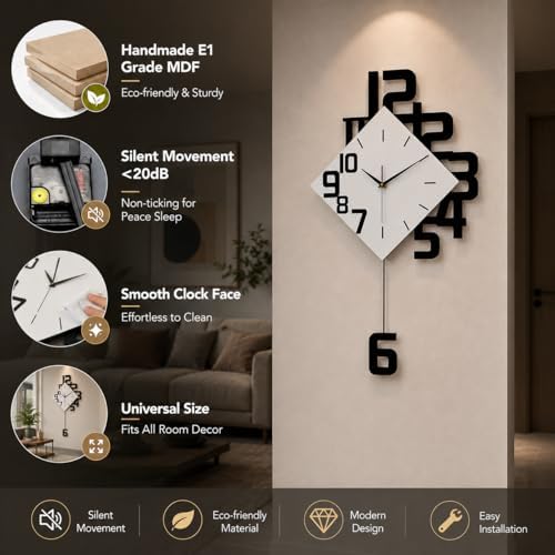 TeamSky Silent Wood Pendulum Wall Clock, Modern White Decorative Clock - Image 4