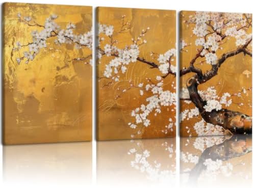 3 Pcs Japanese Golden Plum Blossom Flower Canvas Wall Art 12x16 Inches by Unknown