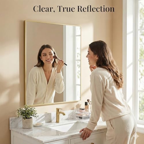 30"x36" Satin Gold Framed Rectangle Bathroom Vanity Wall Mirror - Image 5