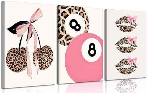Trendy Pink Leopard Bow Canvas Wall Art Set of 3 Funky Cherry Lucky 8 Ball by QQGDecor