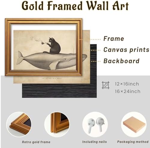 Vintage Gold Framed Funny Cat Wall Art, Retro Eclectic Paintings, Whimsical - Image 2