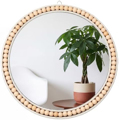 Glooglitter 15 Inch Boho Round Wall Mirror, Beaded Wood Frame Hanging Mirror - Image 2