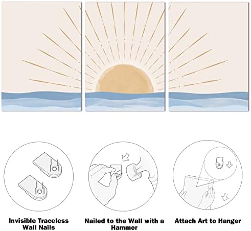 Boho Wall Art Set of 3, Neutral Geometric Sun Rising on the Sea Minimalist Art - Image 6