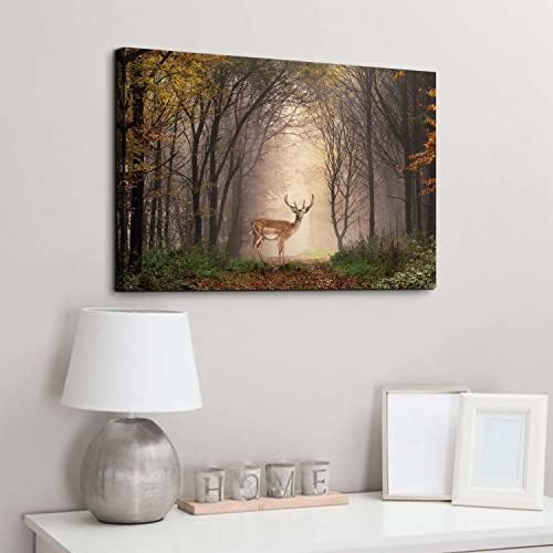 Wild Animal Landscape Canvas Wall Art Deer in Autumn Foggy Forest Picture Wall - Image 2