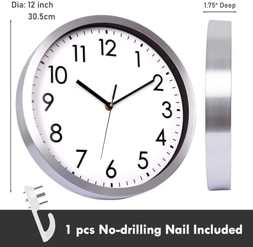 12 Inch Metal Wall Clock Silent, Non-Ticking Decorative Modern Analog Quartz - Image 3