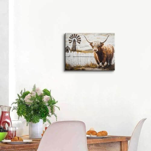 Farmhouse Highland Cow Wall Art Windmill Barn Pictures Western Wall Decor - Image 5