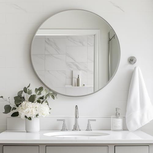 Oruii Round Mirror, 24 inch Silver Circle Mirror, Bruhsed Nickel Metal Frame - Image 4