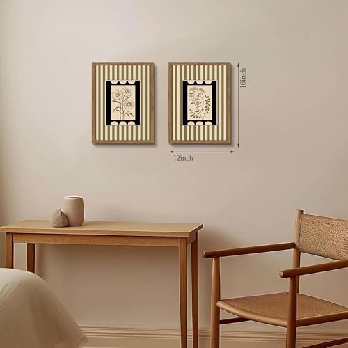 Framed Vintage Botanical Wall Art Set of 2, Olive Green Striped Floral Line - Image 4