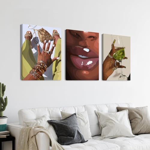 Hianan Wrapped Canvas Fashion Black Woman Wall Art Set of 3, 12x16 in - Image 4