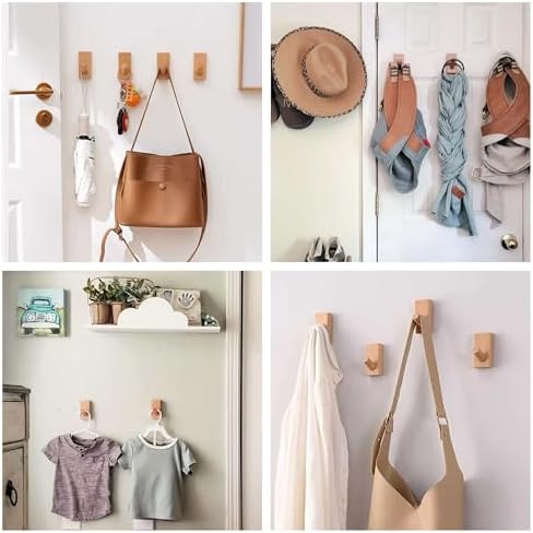 HomeDo Adhesive Wood Wall Hooks, Decorative Coat Hooks Hat Rack, Beech 4P - Image 4