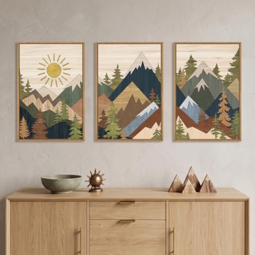 Large Abstract Mountain Woodcut Framed Canvas Wall Art, Vintage Pine Tree Wall - Image 3