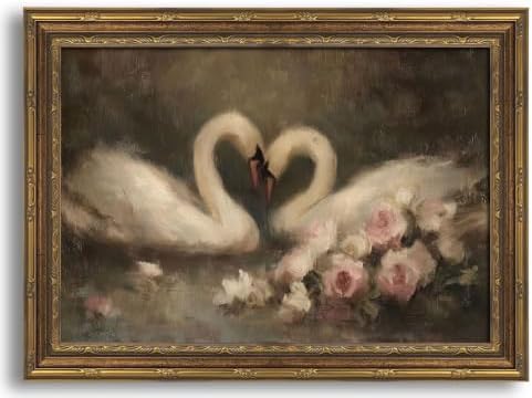 Gold Framed 3D Textured Wall Art, Vintage Rose Swan Canvas Prints, Romantic by Jesicatmin
