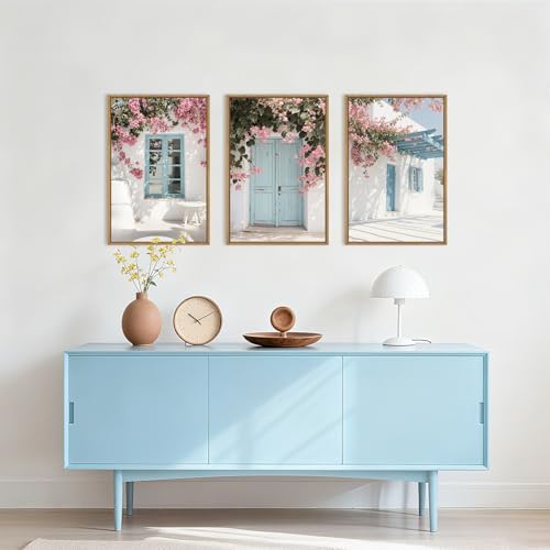 HOURIA Spring Modern Greek Island Cityscape Framed Canvas Wall Art Set - Image 3