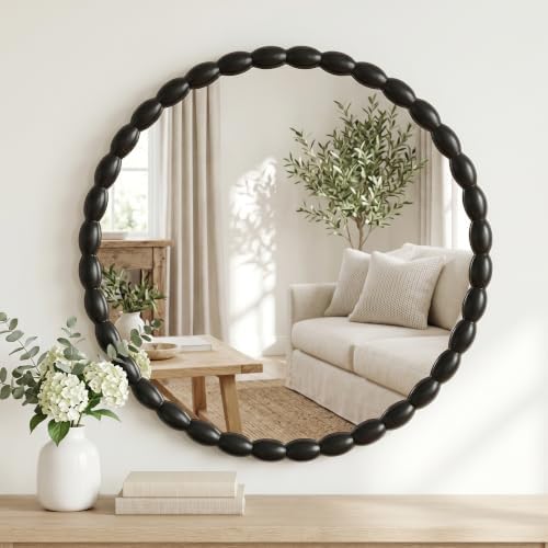 30"x30" Round Solid Wood Farmhouse Decorative Wall Mirror by Unknown