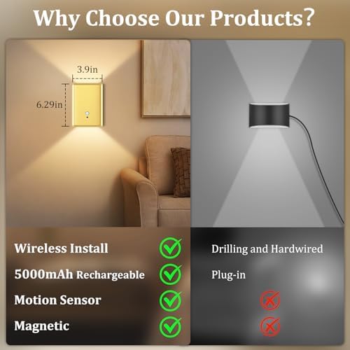 Eneru Motion Sensor Wall Sconce, Rechargeable Wireless Lights Indoor 2 Pack - Image 2