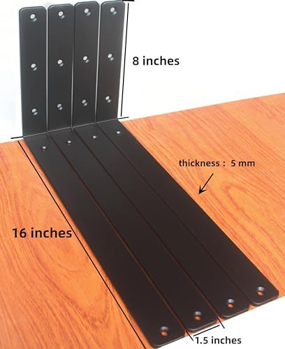 8 Pack - L 16" x H 8" x W1.5, 5mm Thick Black L Shelf Bracket, Iron Shelf - Image 2