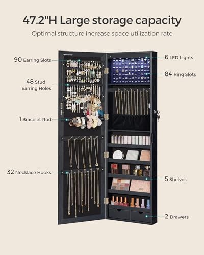 SONGMICS 6 LEDs Mirror Jewelry Cabinet, 47.2-Inch Tall - Image 5