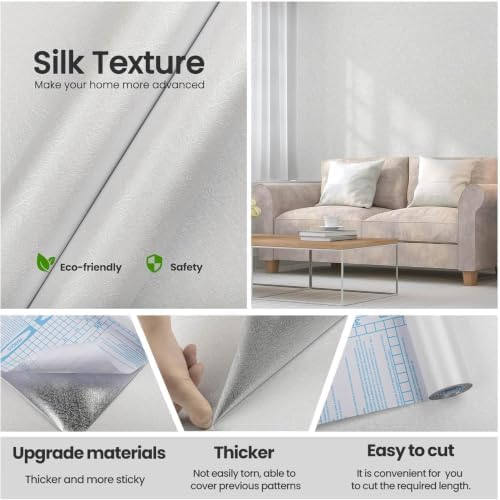 White Textured Wallpaper Peel and Stick Silk Embossed Vinyl Contact Paper - Image 3