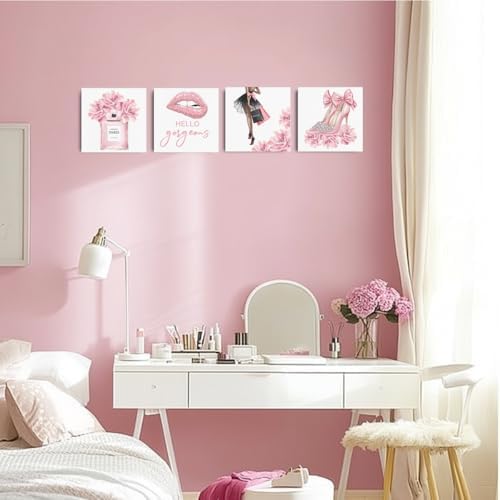 Pink Fashion Canvas Wall Art, Perfume High Heels Lipstick Beauty Wall Decor - Image 4