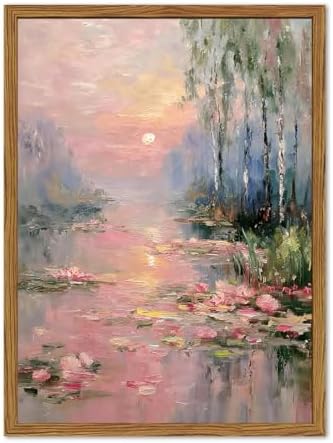 Framed Vintage Monet Canvas Wall Art, Impressionist Sunset Landscape Paintings by Unknown