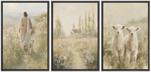 MUDECOR Framed Canvas Print Wall Art Set Jesus and Lambs by MUDECOR