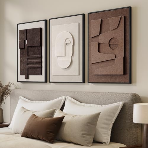 3D Textured Framed Brown and White Abstract Wall Art Set, 3 Piece 16x24 In by Cuspin