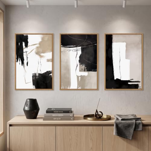 Abstract Black White Brown Framed Canvas Wall Art Set-24"x36"x3 - Image 2