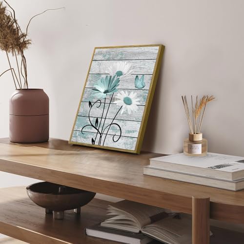 HVEST Farmhouse Teal Floral Framed Wall Art Rustic Daisy Butterfly on Vintage - Image 5