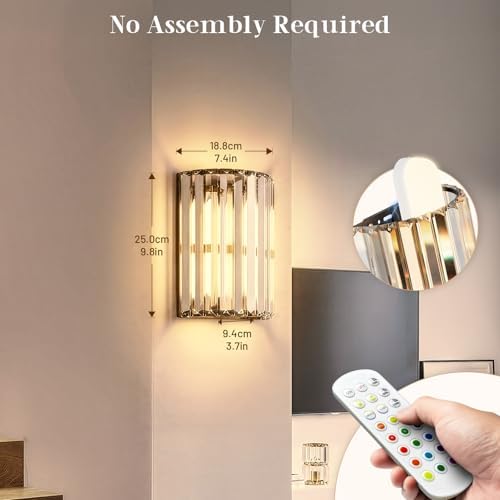 Black Battery Operated Wall Sconces Set of Two, Crystal Wireless Wall Light - Image 6