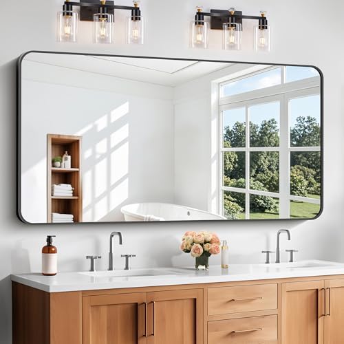Bathroom Mirror, 60 x 30 inch Black Rectangle Wall Mirror, Metal Frame Rounded by WelcometoCIVENO