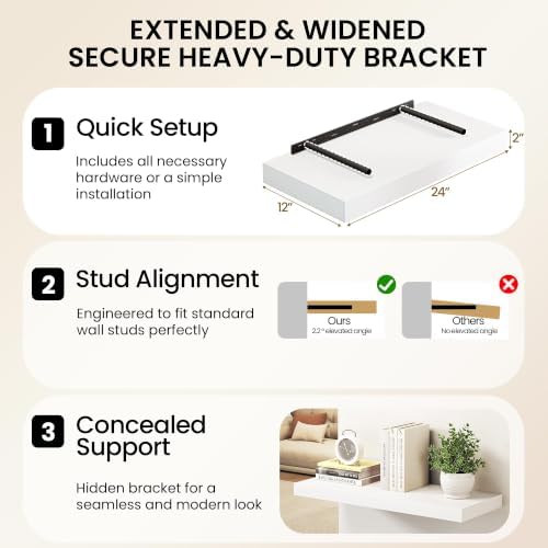 40Inch White Floating Shelves for Wall, 12 Inch Deep Shelves for Bedroom - Image 6