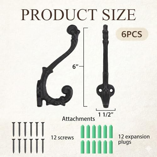 6pcs Rustic Cast Iron Coat Hooks Wall Mounted Heavy Duty Hook Vintage Black - Image 4